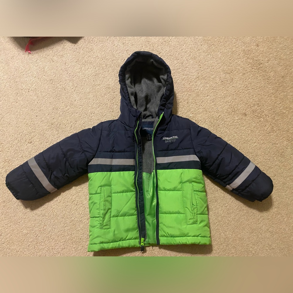 Boys size 4, small, puffer jacket, winter coat, green & blue, warm